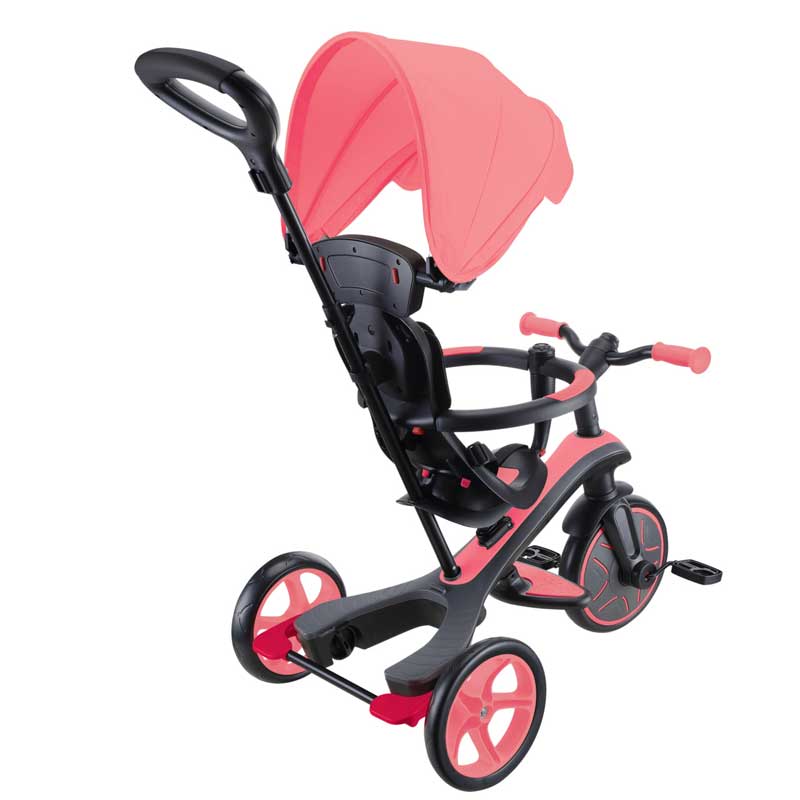 Триколка Globber EXPLORER TRIKE 4 IN 1, розов цвят – режим бебешка триколка със сенник и родителска дръжка, заден диагонален изглед