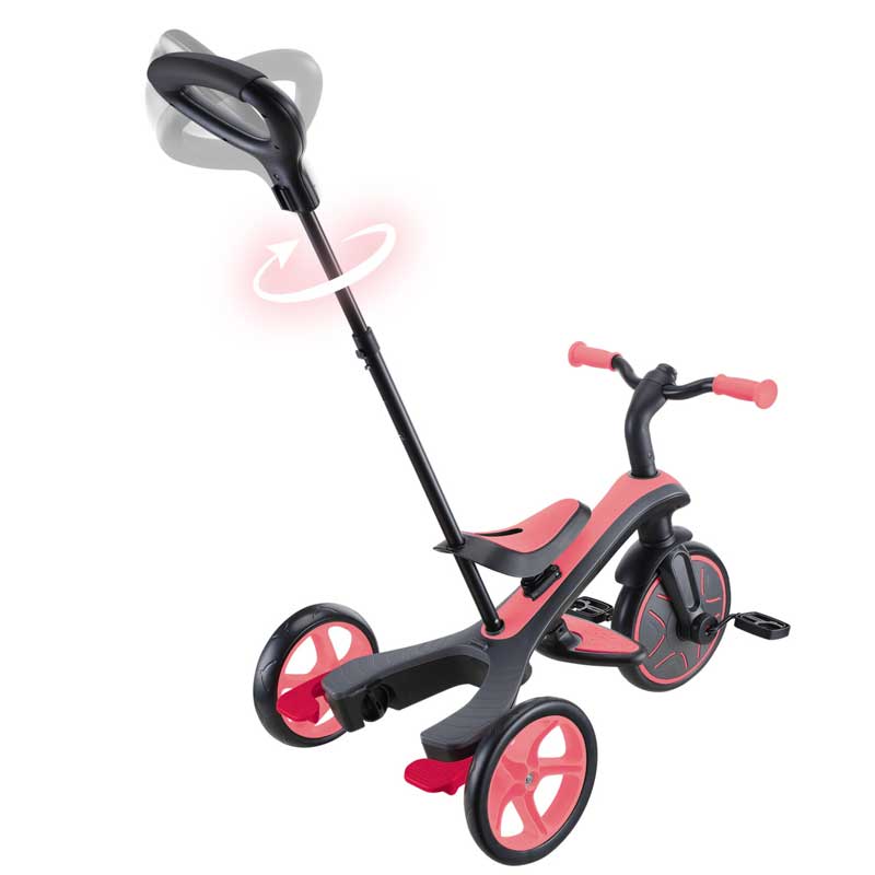 Триколка Globber EXPLORER TRIKE 4 IN 1, розов цвят – регулируема родителска дръжка, заден диагонален изглед