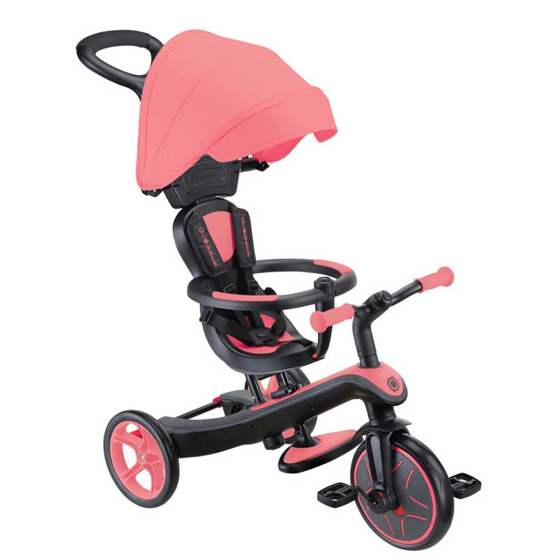 Триколка Globber EXPLORER TRIKE 4 IN 1, розов цвят – режим бебешка триколка със сенник и родителска дръжка, преден диагонален изглед