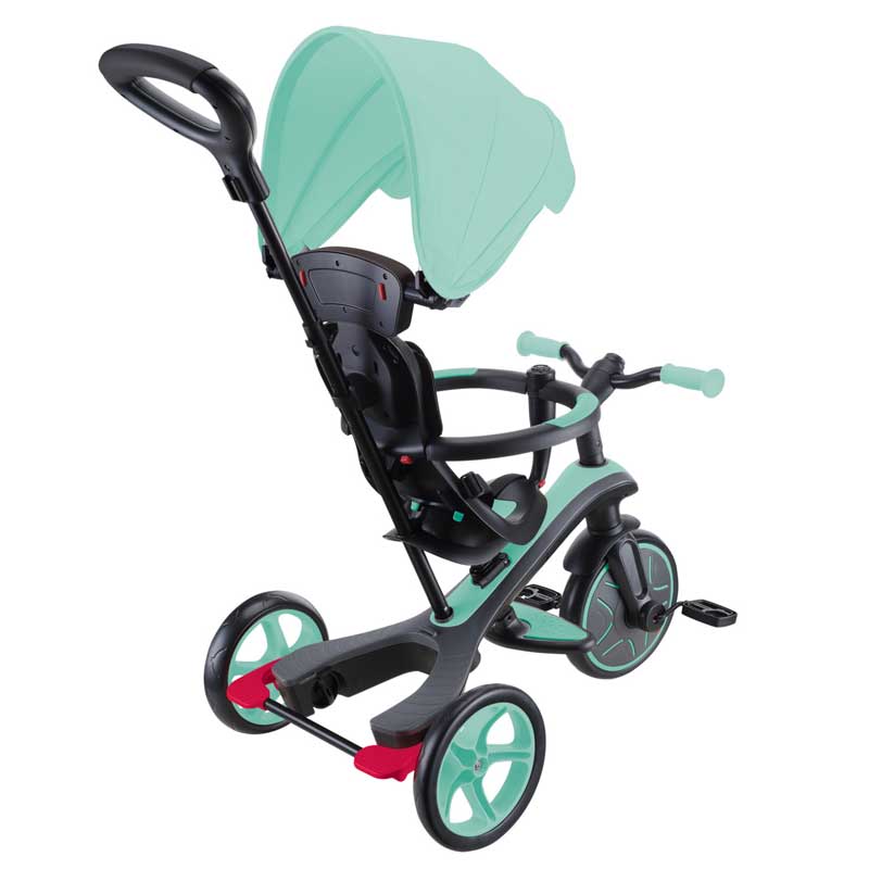 Триколка Globber EXPLORER TRIKE 4 IN 1, ментово зелен цвят – режим бебешка триколка със сенник и родителска дръжка, заден диагонален изглед