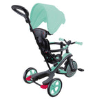 Триколка Globber EXPLORER TRIKE 4 IN 1, ментово зелен цвят – режим бебешка триколка със сенник и родителска дръжка, заден диагонален изглед