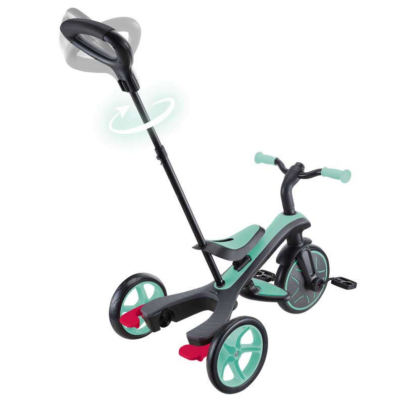 Триколка Globber EXPLORER TRIKE 4 IN 1, ментово зелен цвят – регулируема родителска дръжка, заден диагонален изглед