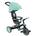 Триколка Globber EXPLORER TRIKE 4 IN 1, ментово зелен цвят – режим бебешка триколка със сенник и родителска дръжка, преден диагонален изглед