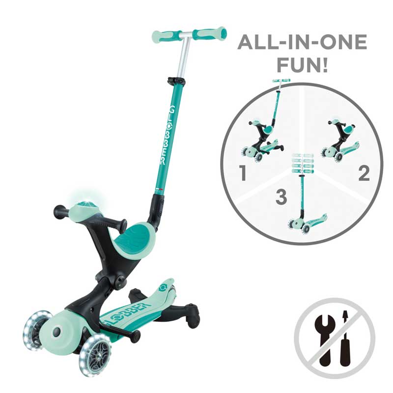Тротинетка 5 в 1 GLOBBER GO UP DELUXE LIGHTS 360°, ментово зелена – многофункционален дизайн 5 в 1, преден диагонален изглед.