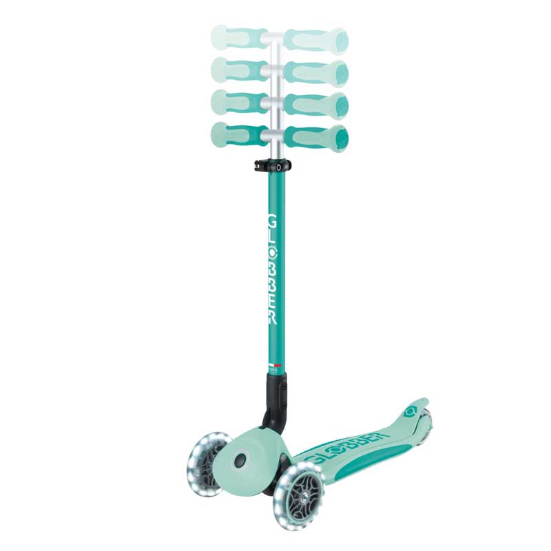Тротинетка 5 в 1 GLOBBER GO UP DELUXE LIGHTS 360°, ментово зелена – режим тротинетка със светещи колела, страничен изглед и указания за регулиране.