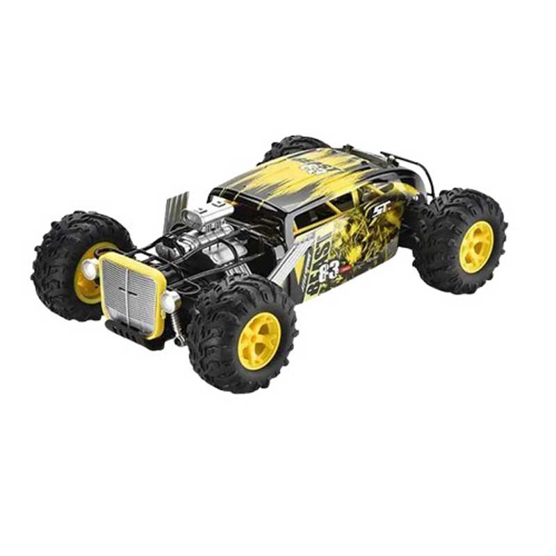Детска кола 4х4 за каскади с RC управление 1:12, жълта – страничен диагонален изглед.