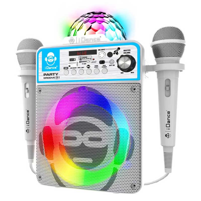 Караоке Bluetooth тонколона с 2 микрофона и LED лампа, бяла