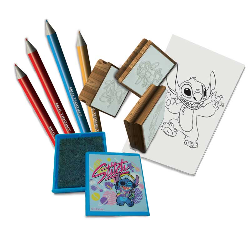 Кутия за съхранение  "Stitch" с аксесоари за оцветяване и 3 печата - снимка на съдържанието.