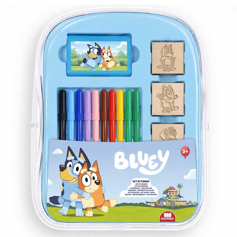 Творческа раница Bluey с флумастери, стикери и печати. Снимка отпред. 