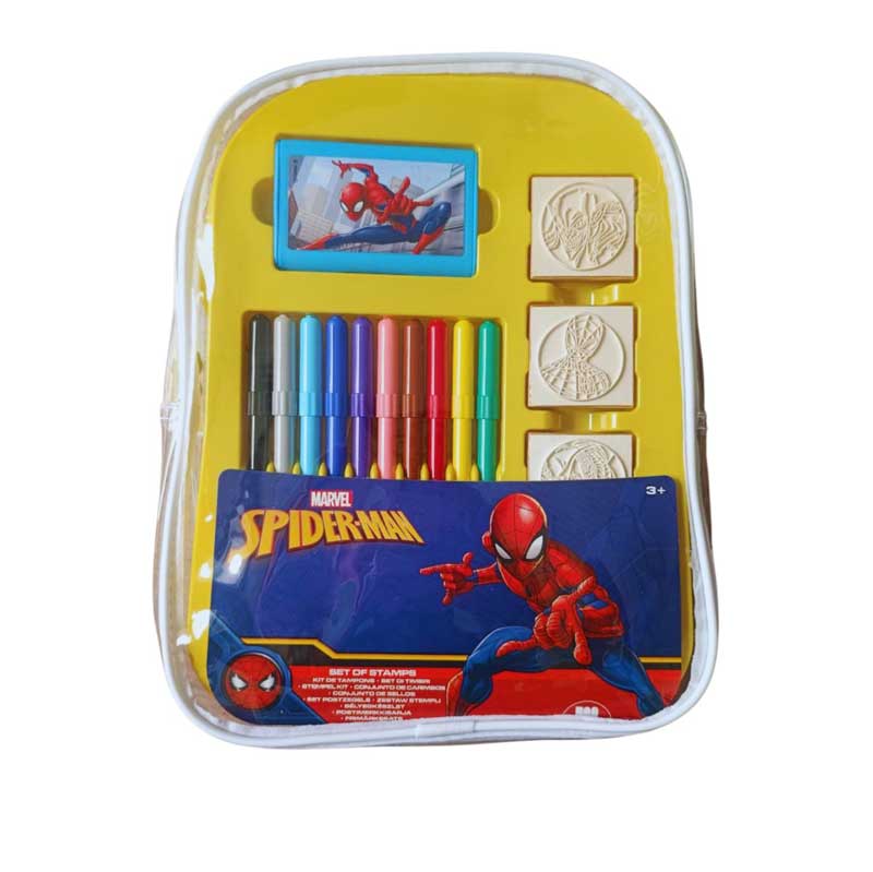 Творческа раница Spiderman с флумастери, стикери и печати. Снимка отпред. 