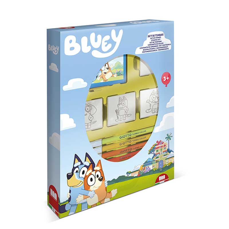 Творчески комплект Bluey със 7 цветни флумастера и 4 печата. Снимка отпред на бял фон.