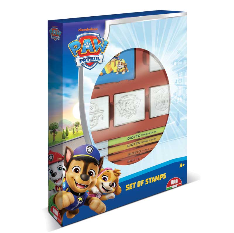 Творчески комплект Paw Patrol със 7 цветни флумастера и 4 печата. Снимка отпред на бял фон.