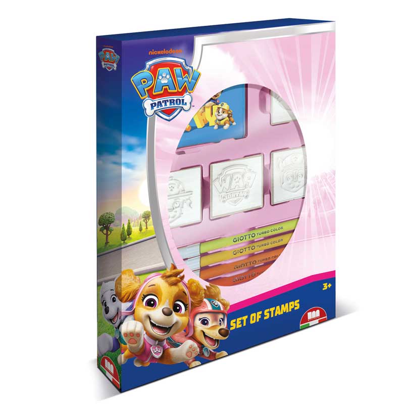 Творчески комплект Paw Patrol Girl със 7 цветни флумастера и 4 печата. Снимка отпред на бял фон.