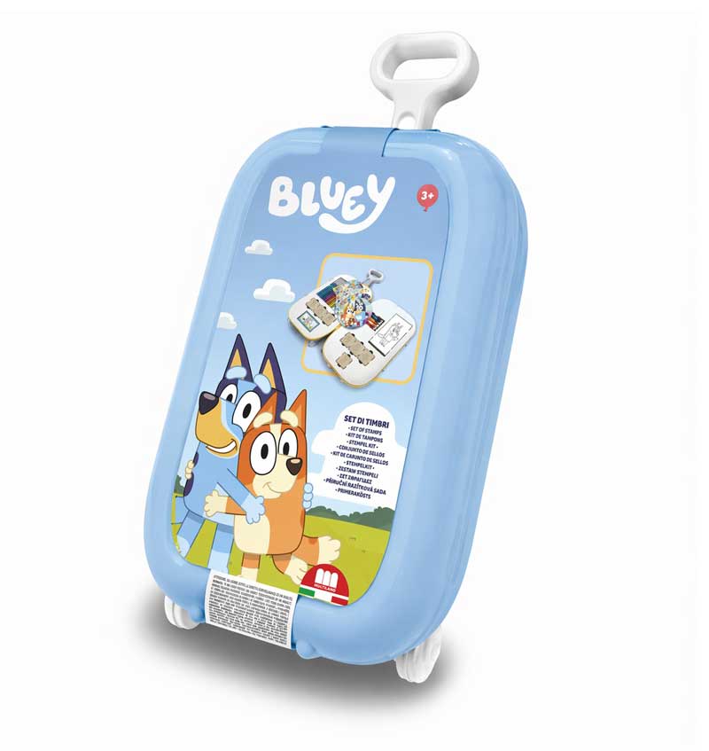 Детски комплект за рисуване Bluey в куфарче на колелца с аксесоари. Изглед отстрани.