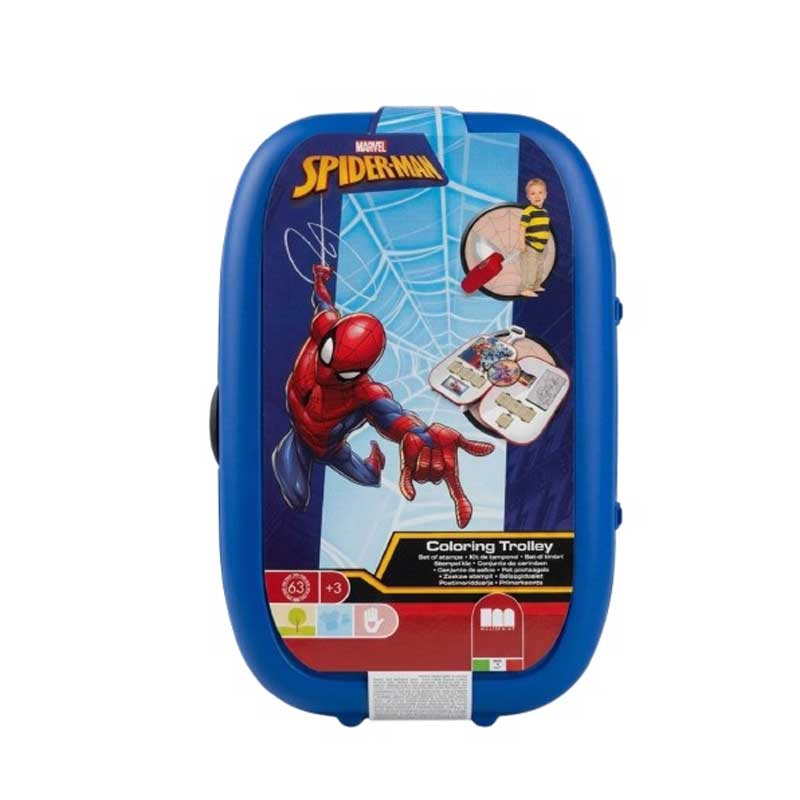 Детски комплект за рисуване Spiderman в куфарче на колелца с аксесоари. Снимка отпред. 
