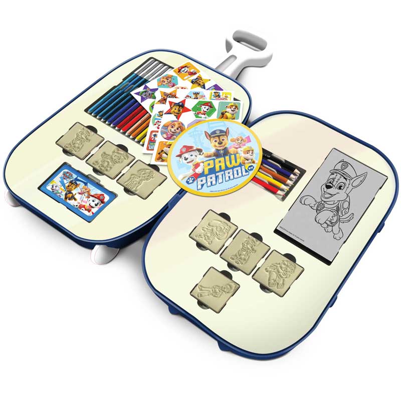 Детски комплект за рисуване Paw Patrol в куфарче на колелца с аксесоари. Снимка на съдържанието.
