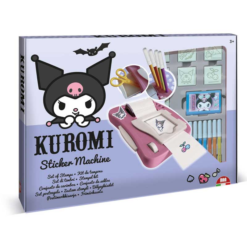 Комплект за създаване на стикери Kuromi с флумастери, стикери и печати. Снимка отпред.