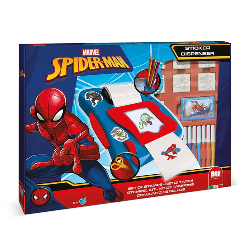 Комплект за създаване на стикери Spiderman с флумастери, стикери и печати. Снимка отпред.