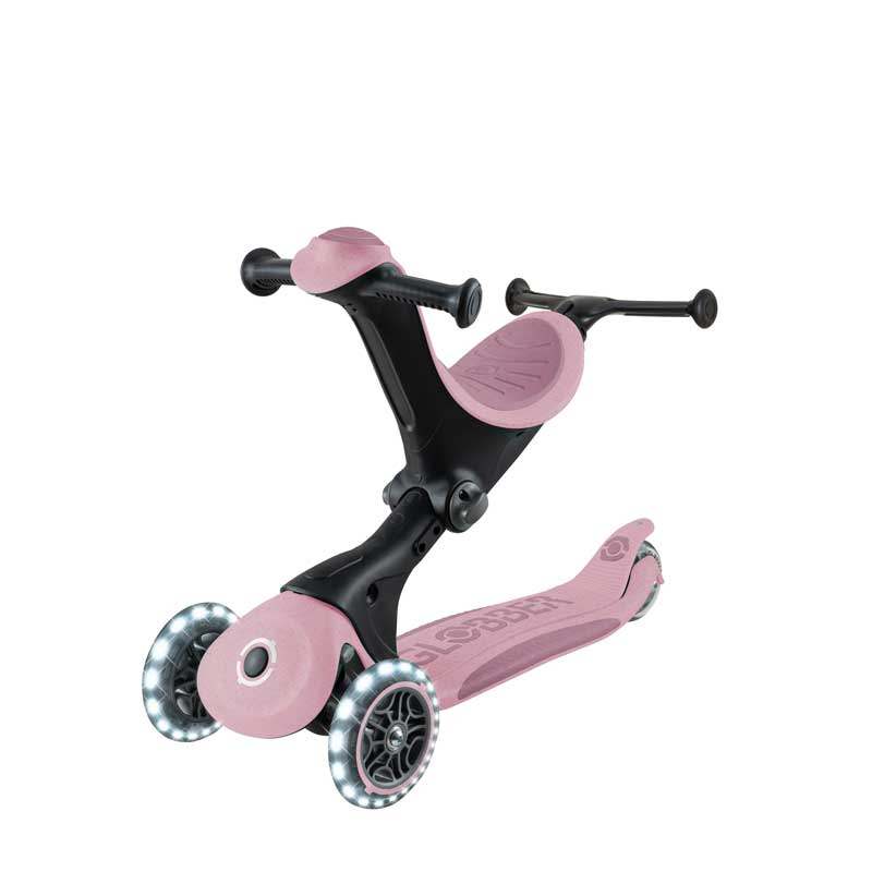 Тротинетка със седалка 5 в 1 GLOBBER GO UP DELUXE LIGHTS ECOLOGIC 360° - розова
