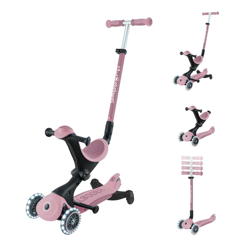Тротинетка със седалка 5 в 1 GLOBBER GO UP DELUXE LIGHTS ECOLOGIC 360° - розова
